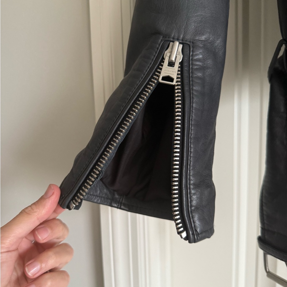 AllSaints Wyatt Biker Leather Jacket in Ink Blue - Picture 5 of 12